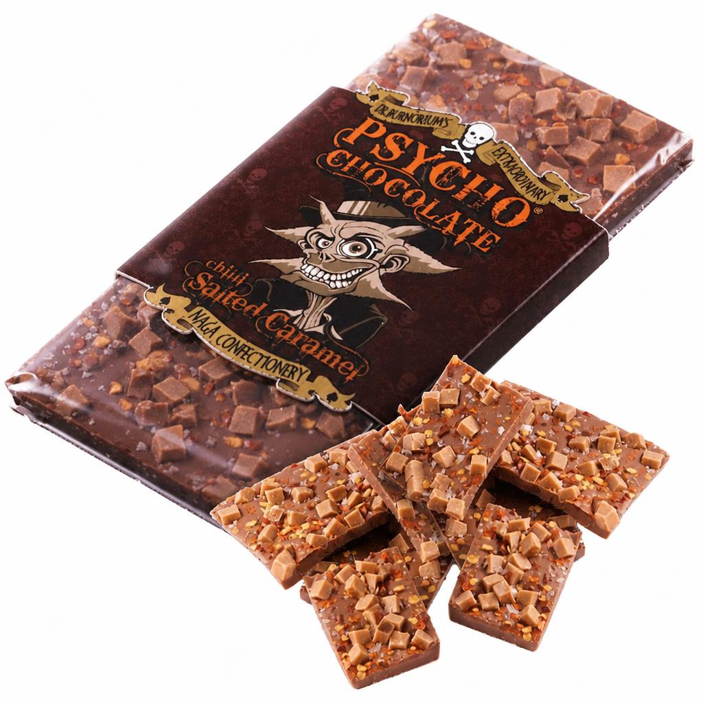 Psycho Juice Salted Caramel Chocolate with Naga Jolokia Chilli 100g Bar