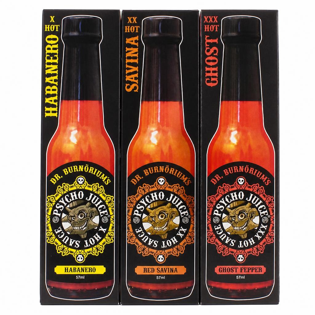 Psycho Juice Hot Sauce Mini Trio Pack (Habanero, Red Savina & Ghost)