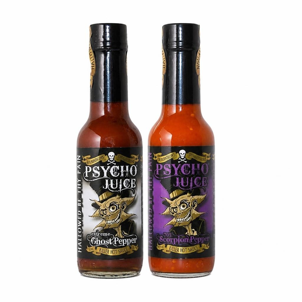 Psycho Juice 2 Pack Extreme Ghost Pepper & 70% Scorpion Pepper Hot Sauce
