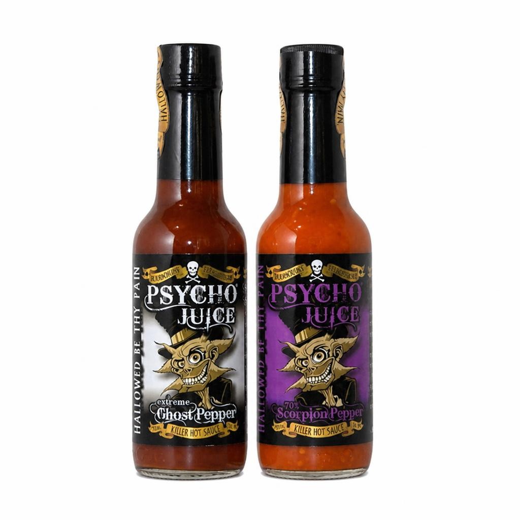 Psycho Juice 2 Pack Extreme Ghost Pepper & 70% Scorpion Pepper Hot Sauce