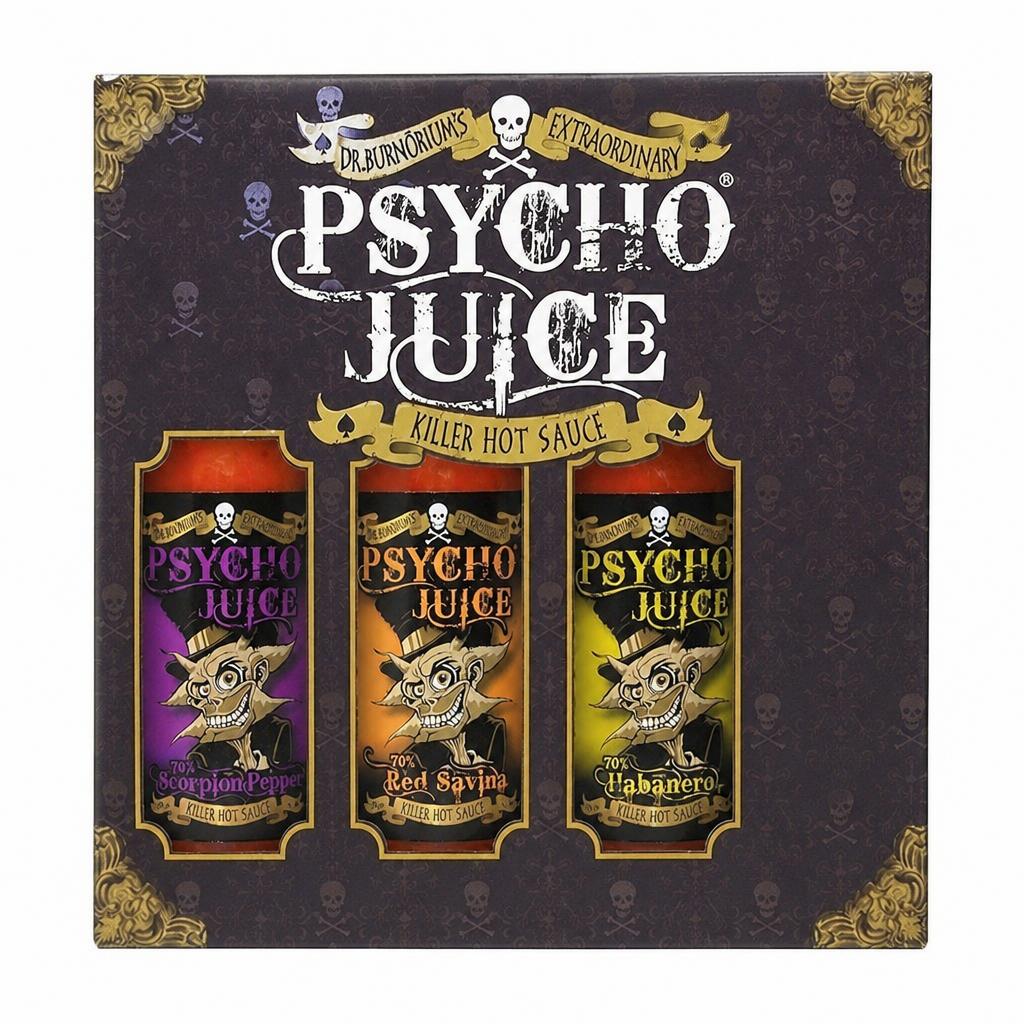 Psycho Juice Gift Box 70% Hot Sauce Collection (Habanero, Red Savina, Scorpion Pepper)