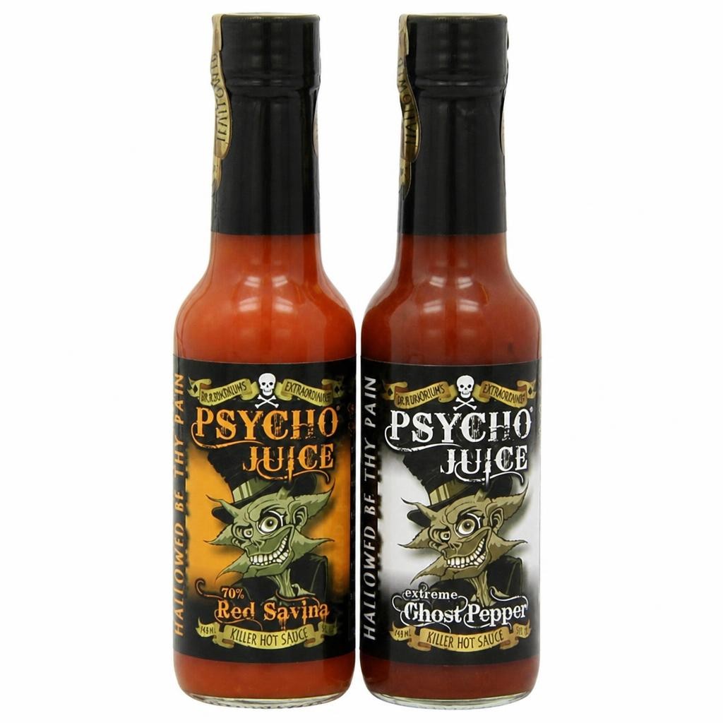 Psycho Juice 2 Pack 70% Red Savina & Extreme Ghost Pepper Hot Sauce