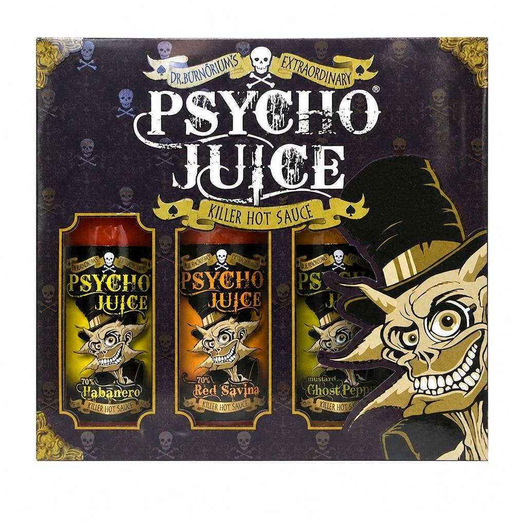 Psycho Juice Gift Box 3 Hot Sauces (70% Habanero, 70% Red Savina, Mustard Ghost Pepper)