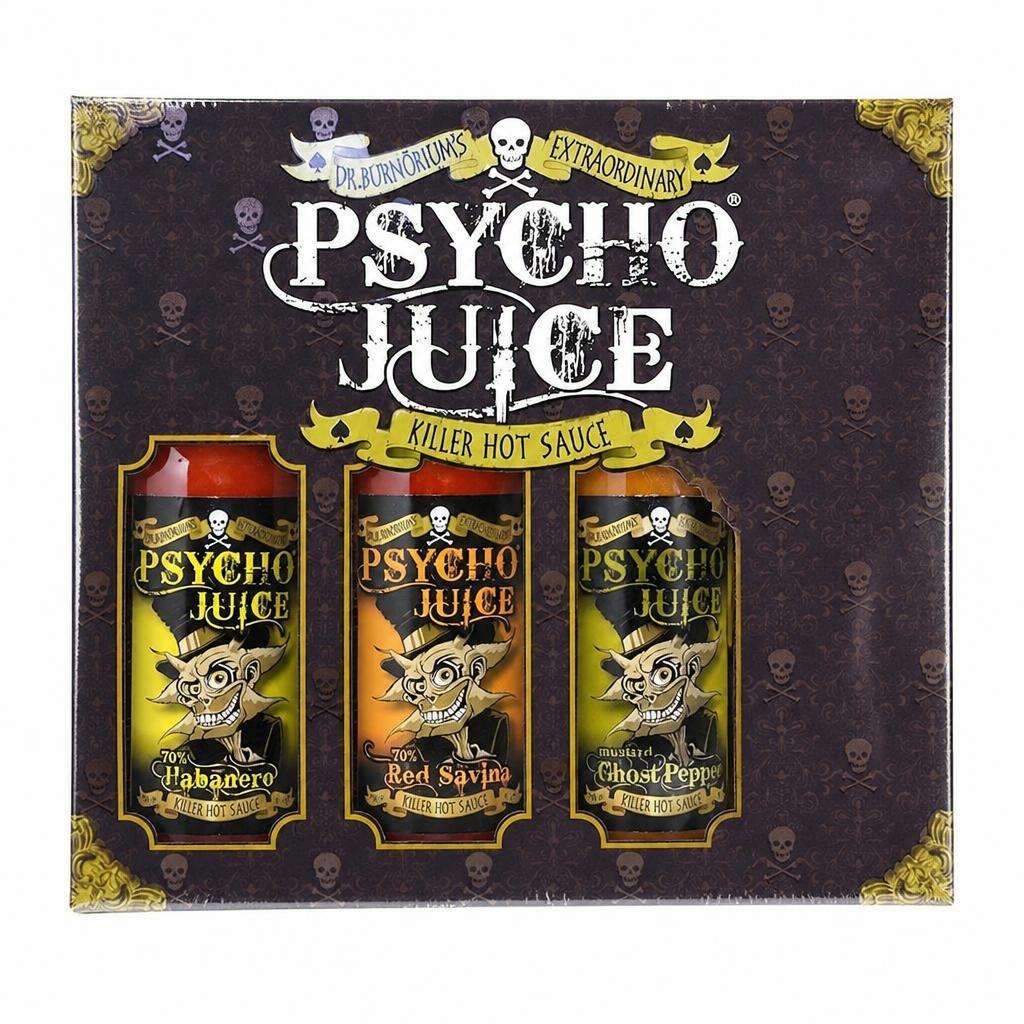 Psycho Juice Gift Box 3 Hot Sauces (70% Habanero, 70% Red Savina, Mustard Ghost Pepper)