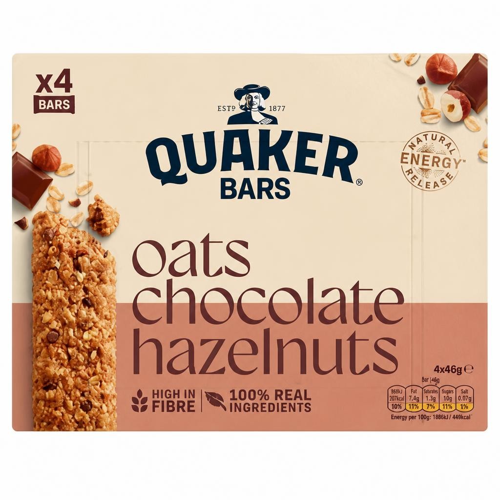 Quaker Oats Chocolate Hazelnut Oat Cereal Bar Multipack 4x40g