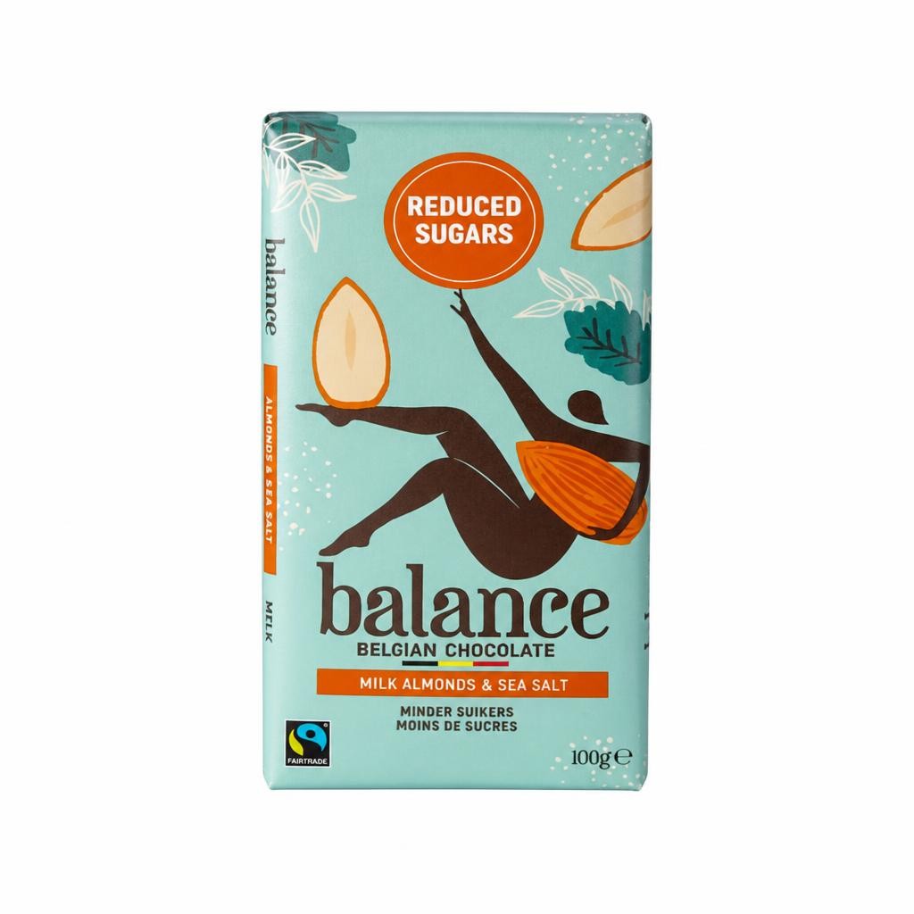 Balance No Added Sugar Belgian Diabetic Chocolate Bar – Milk Almonds & Sea Salt 100g