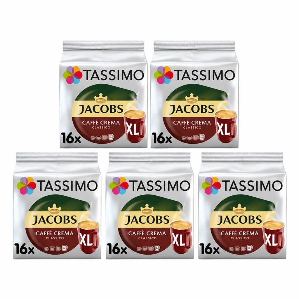 Tassimo Jacobs Caffè Crema Classico XL Coffee Pods x16 (Pack of 5, Total 80 Capsules)