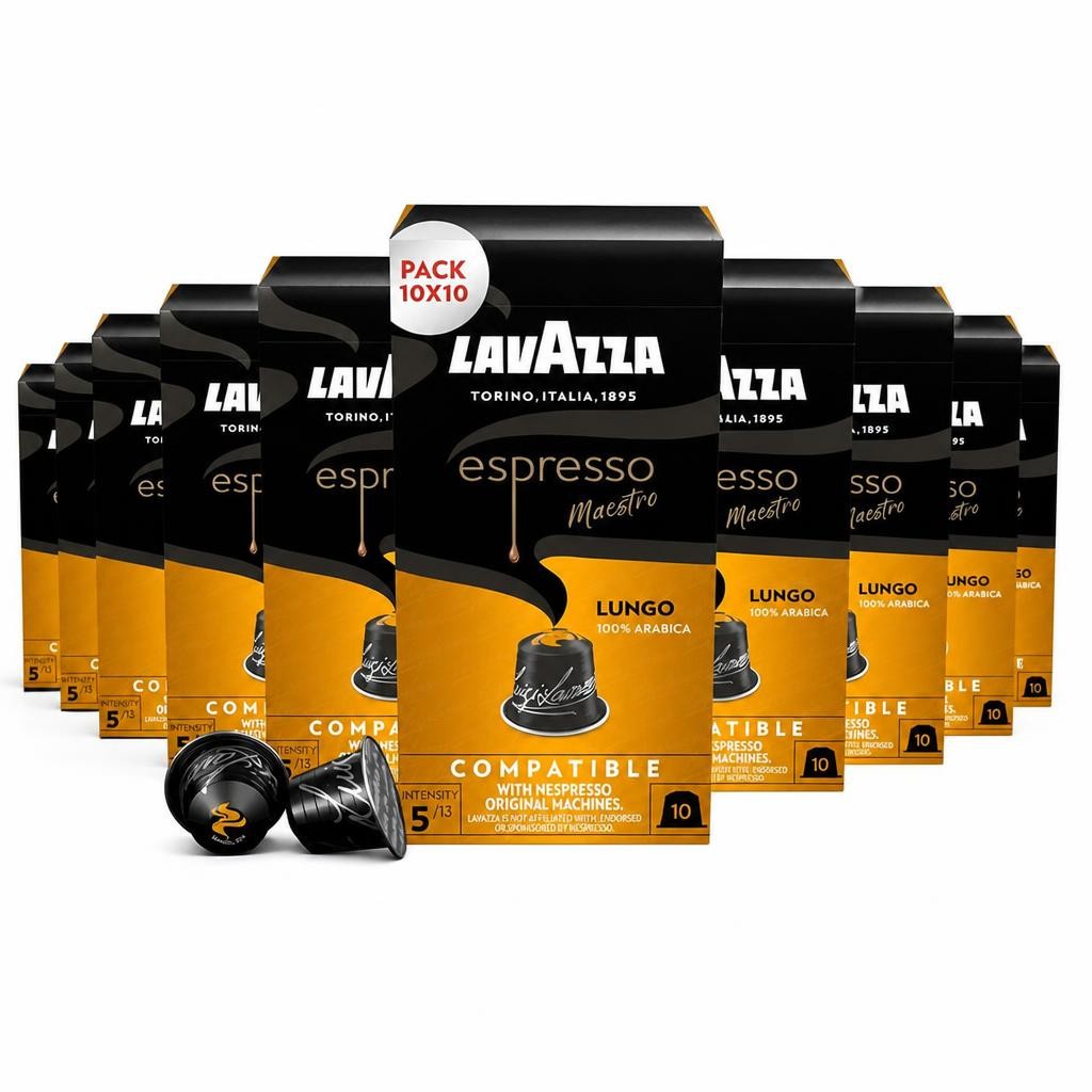 Lavazza Espresso Maestro Lungo Aluminium Coffee Capsules Compatible with Nespresso Original Machines x10 (Pack of 10, Total 100 Pods)