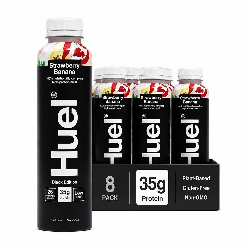 Huel Ready-to-Drink Meal, BLACK EDITION Strawberry & Banana Protein Drink, 500ml Bottles (Pack of 8) - Protein Shakes, Pre-Portioned Meal, 35g of Protein per Bottle
