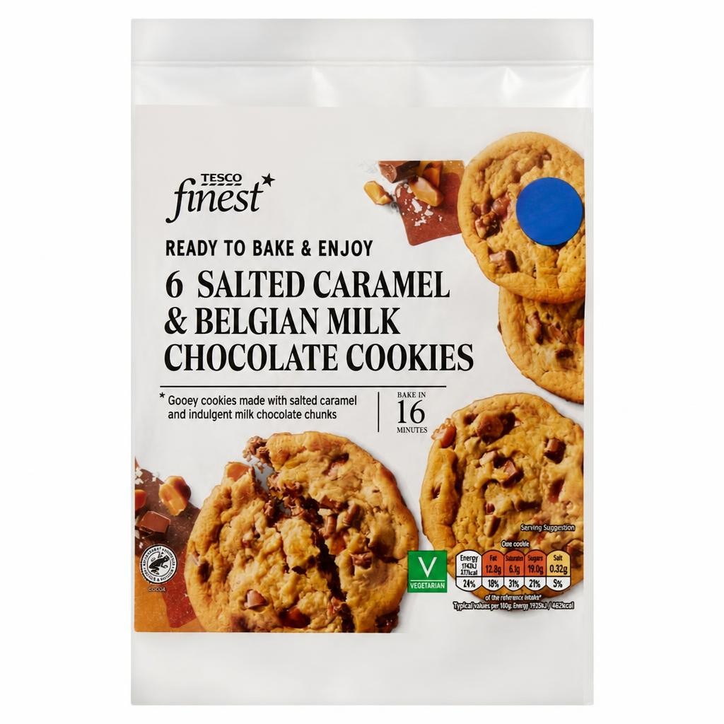 Tesco Finest 6 Salted Caramel & Belgian Milk Chocolate Cookies 372g.