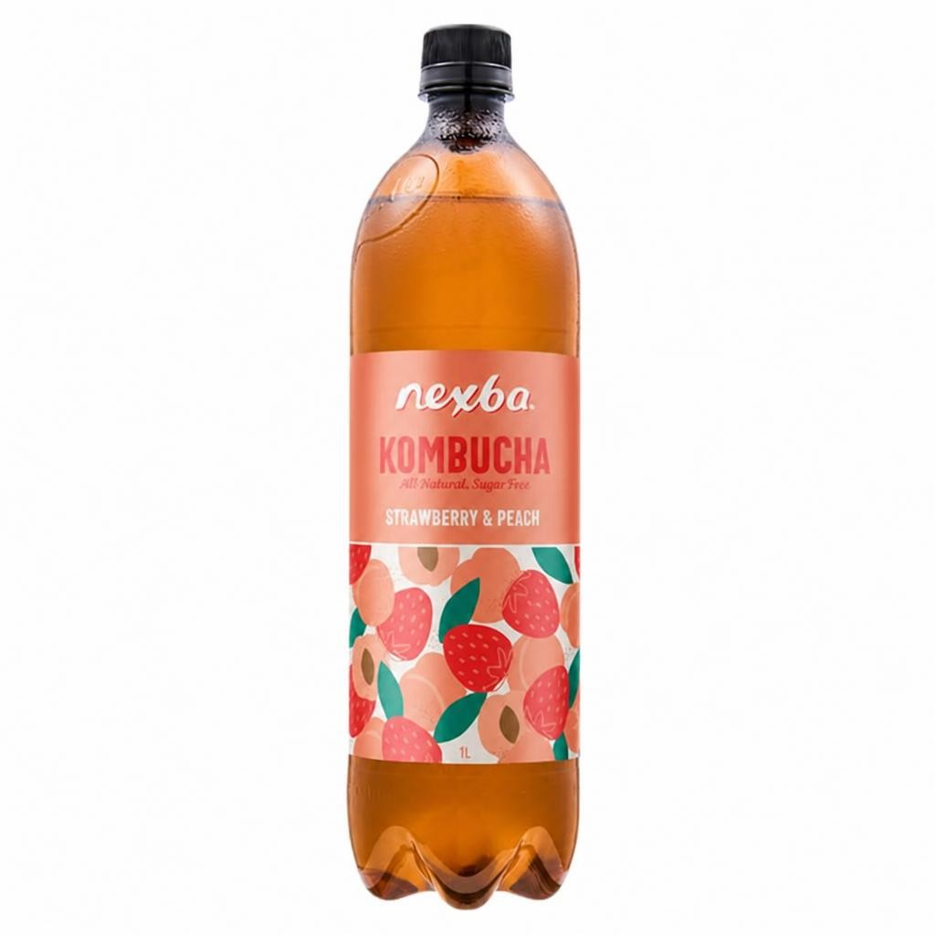 Nexba Kombucha Live Naturally Sugar Free Sparkling Probiotic Strawberry Peach 1L