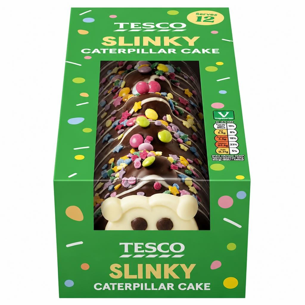 Tesco Slinky White Chocolate face Caterpillar cake