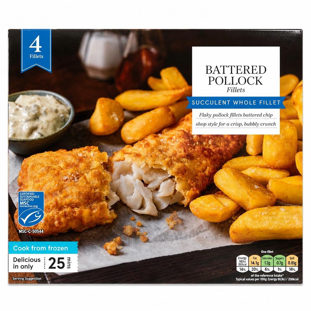 Tesco Battered Pollock 4 Fillets 600g