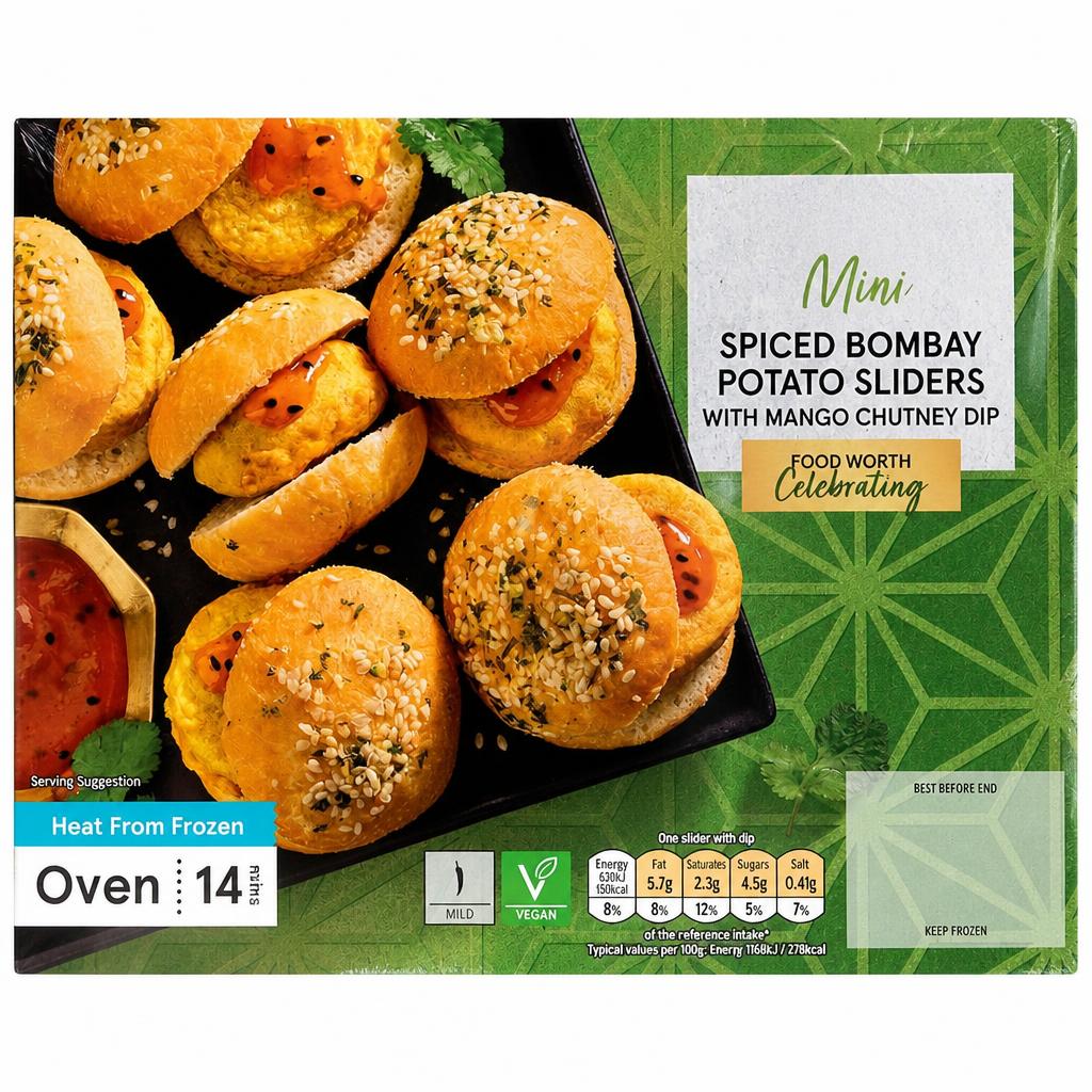 TESCO 6 SPICED BOMBAY MINI POTATO SLIDERS WITH MANGO CHUTNEY DIP 340g