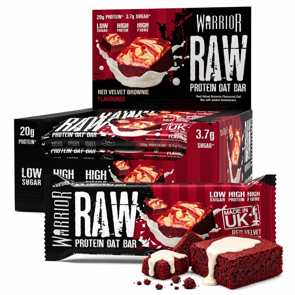 Warrior RAW Protein Bars 12 x 75g – 20g High Protein Bar, Low Sugar High Fibre Oat Protein Flapjack – Protein Snacks, Meal Replacement Bars (Red Velvet Brownie)