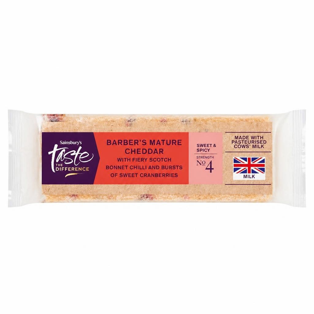 Sainsbury's 200g Barber's Mature Cheddar Cheese with Scotch Bonnet Chilli & Cranberries, Taste the Difference
