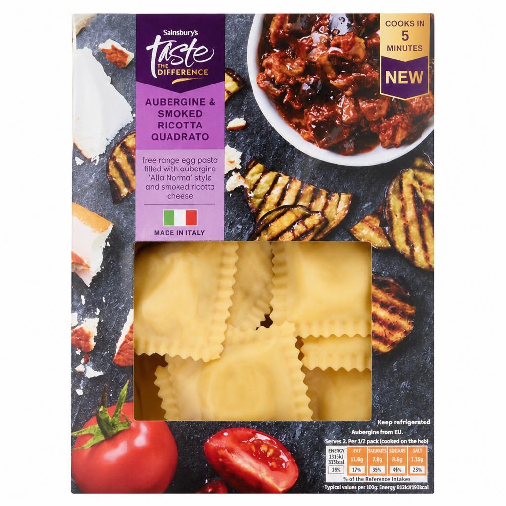Sainsbury's 250g Aubergine & Smoked Ricotta Quadrato Pasta, Taste the Difference