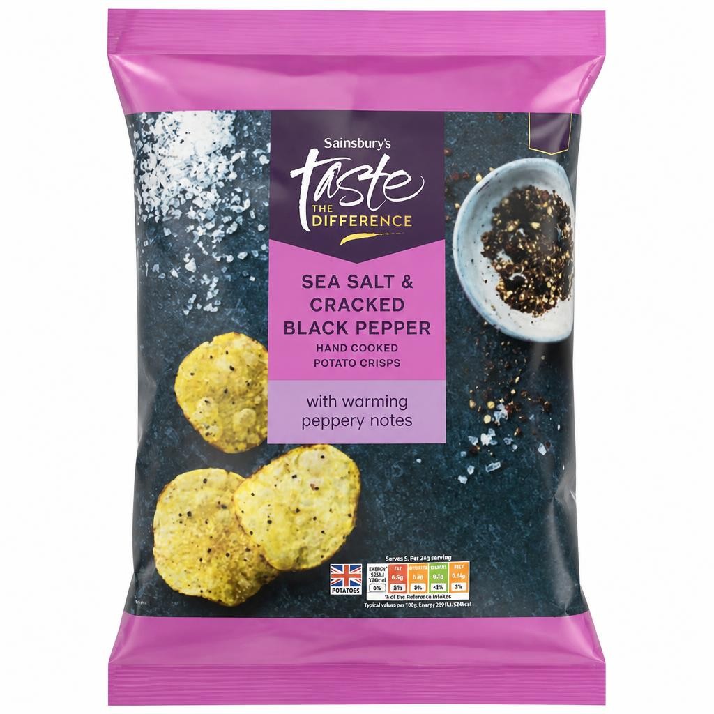 Sainsbury's 150g Sea Salt & Cracked Black Pepper Hand Cooked Potato Crisps Taste the Difference