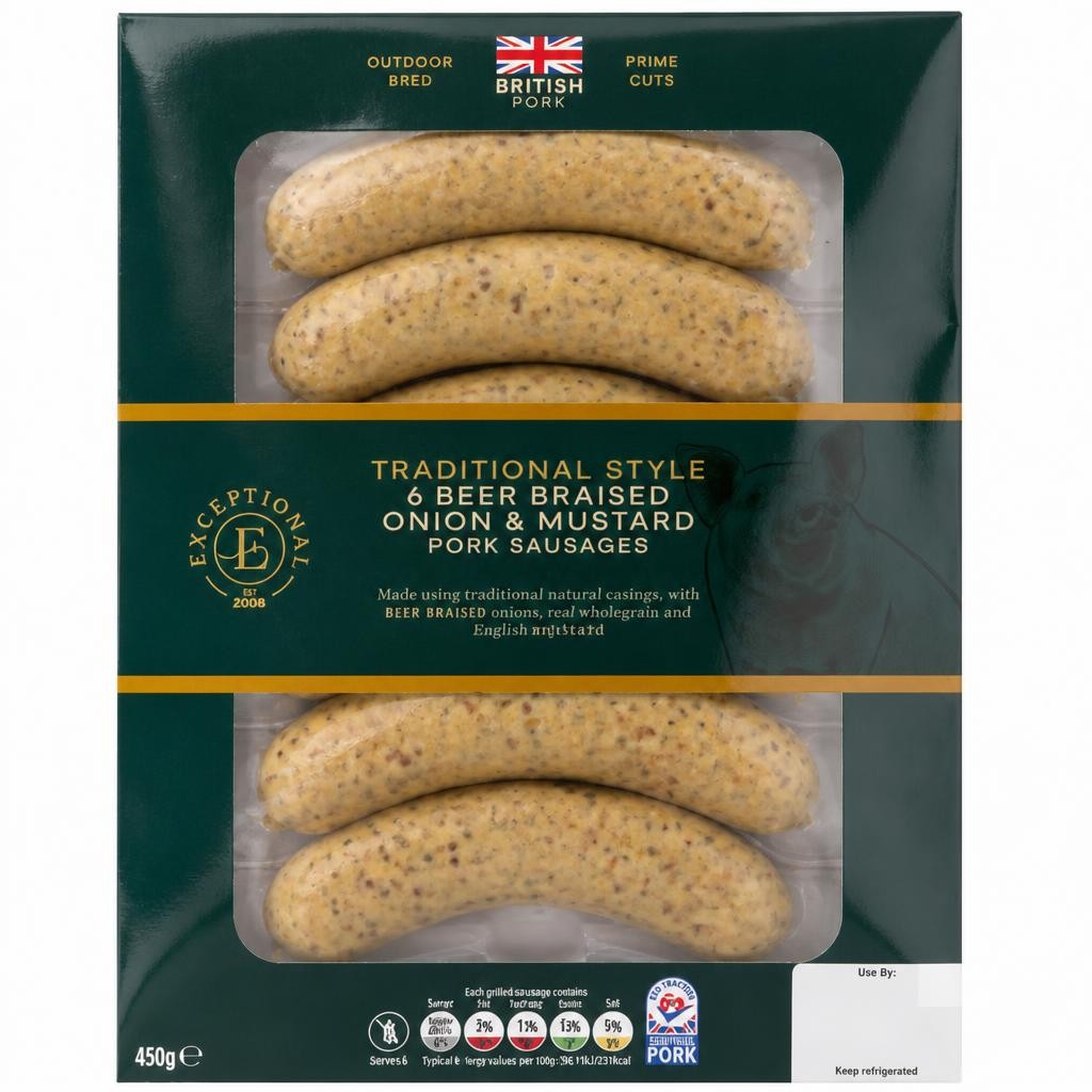 Exceptional by ASDA Traditional Style 6 Beer Braised Onion & Mustard Pork Sausages 450g