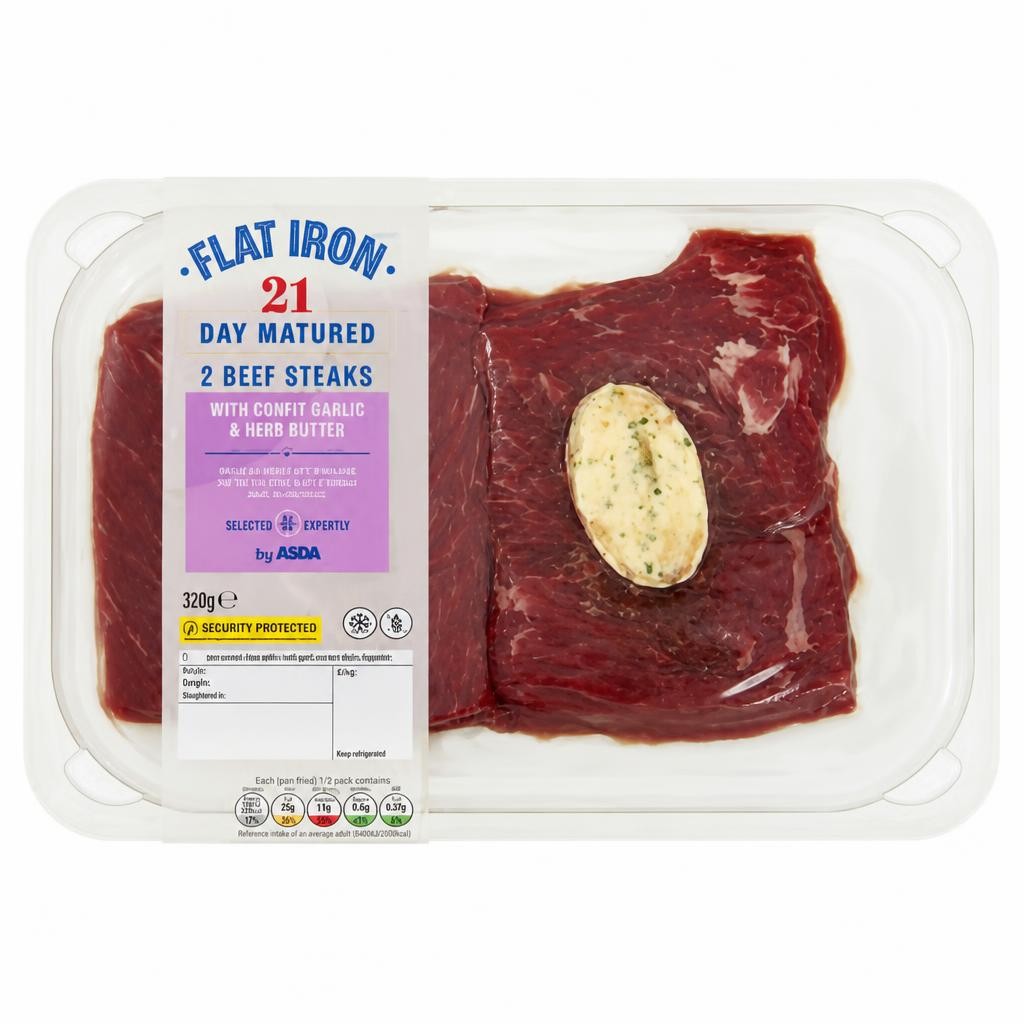 ASDA 2 Flat Iron Beef Steaks with Confit Garlic & Herb Butter 370g