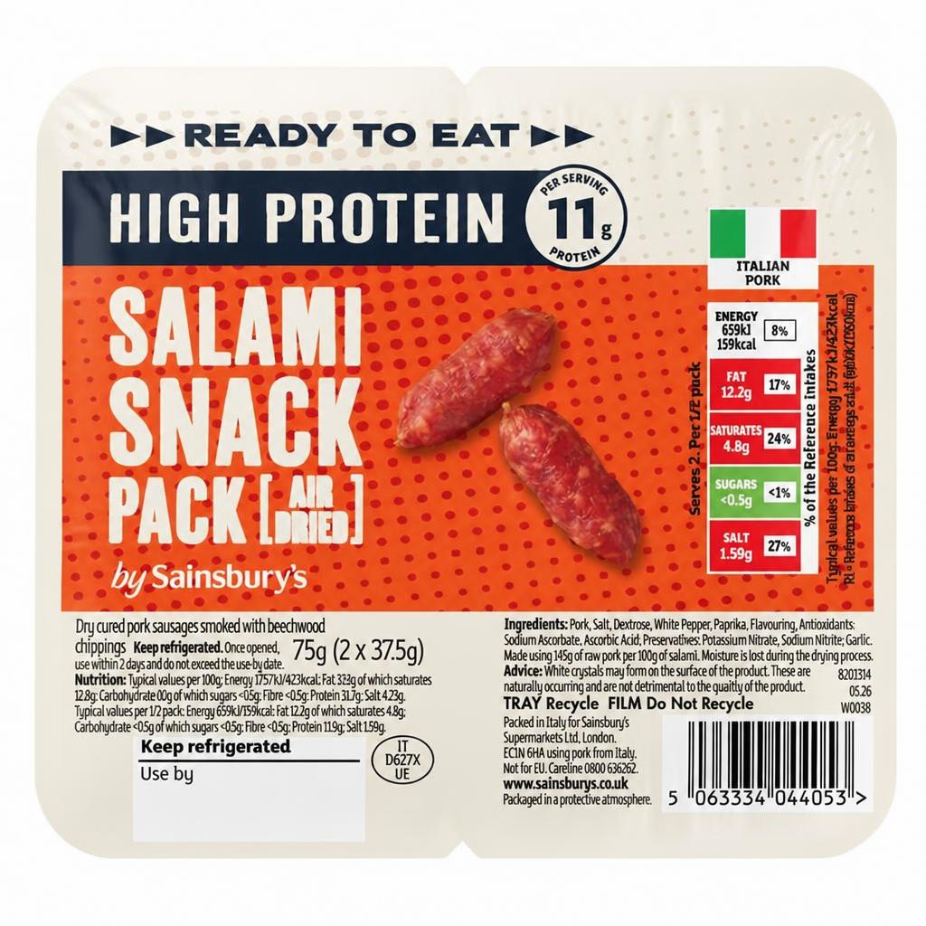 Sainsbury's 2 x 37.5g High Protein Ready to Eat Salami Snack Pack