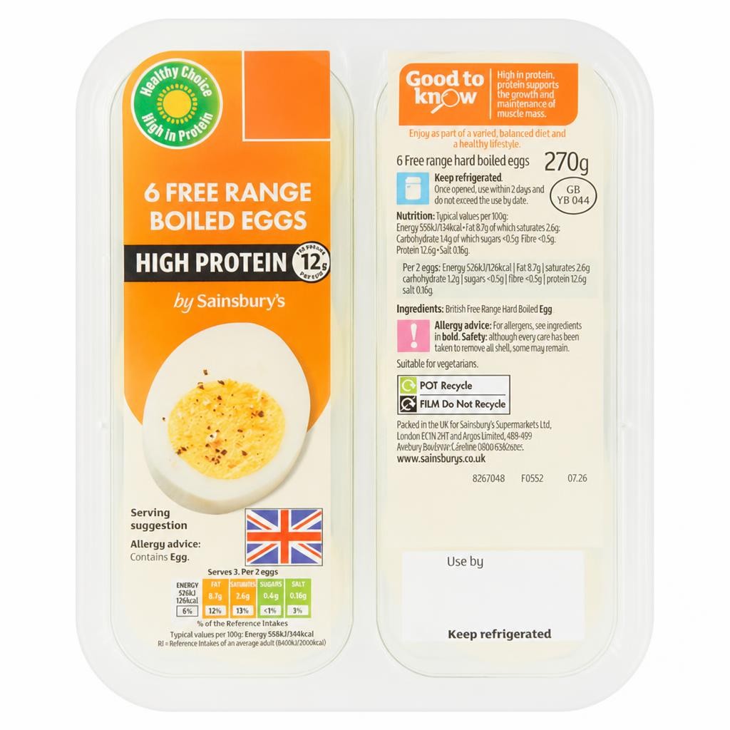 Sainsbury's 6 x Free Range Hard Boiled Eggs 270g