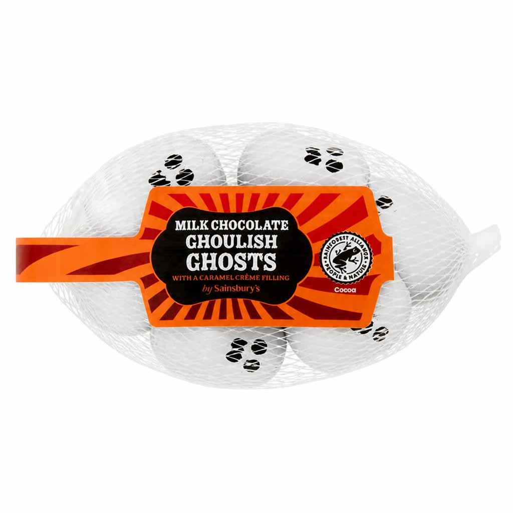 Sainsbury's 72g Milk Chocolate Ghoulish Ghosts with a Caramel Creme Filling Chocolate Bag