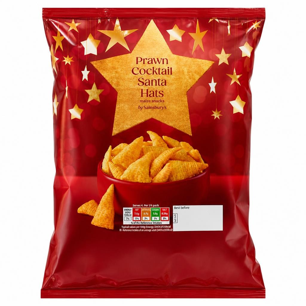 Sainsbury's 100g Prawn Cocktail Santa Hats Maize Sharing Crisps