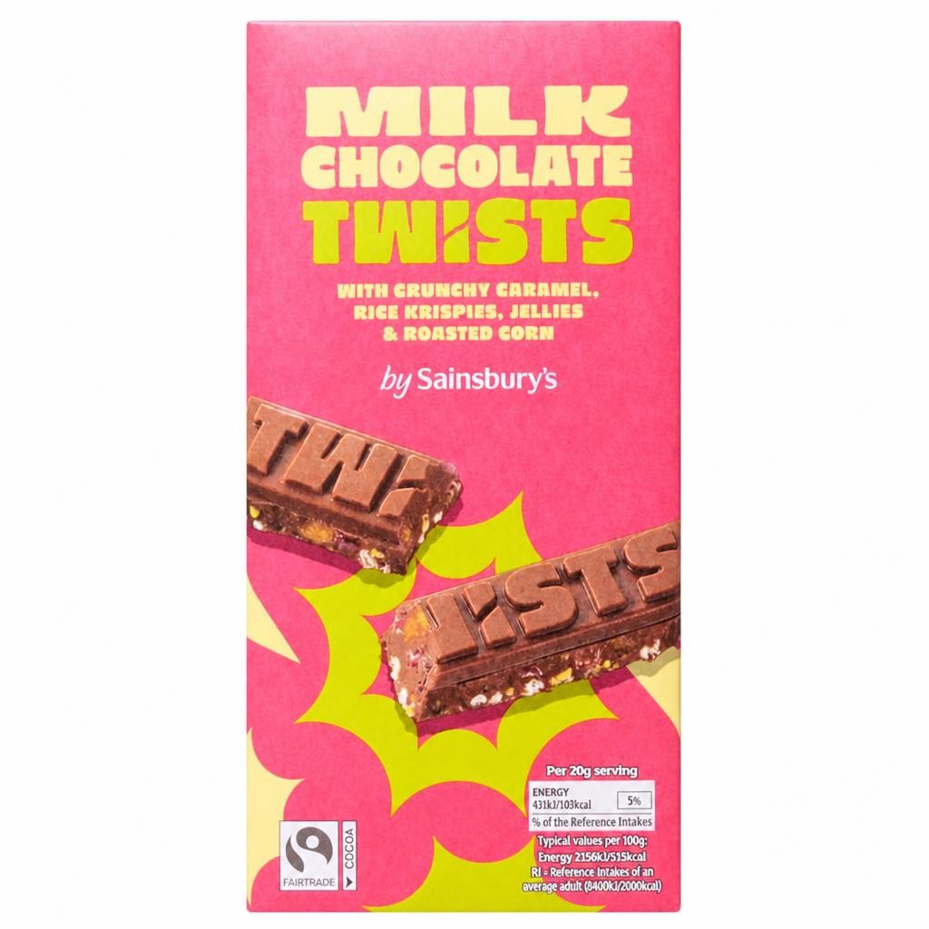 Sainsbury's 140g Milk Chocolate Twists Caramel, Rice Krispies, Jellies & Roasted Corn Chocolate Bar