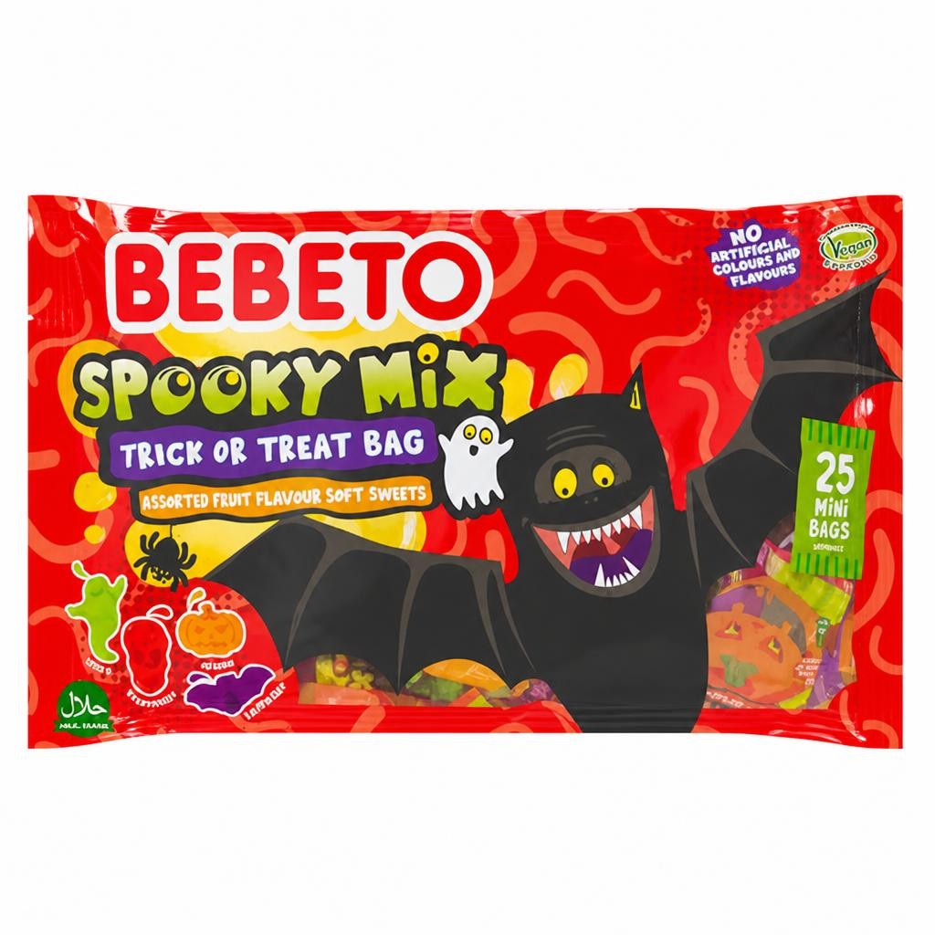 Bebeto 25 Spooky Mix Trick or Treat Bag Assorted Fruit Flavour Soft Sweets Mini Bags 375g