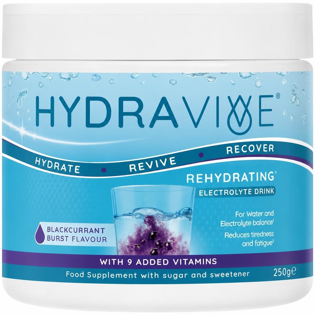 Hydravive Rehydration Electrolytes Powder - Blackcurrant - High Strength Vitamin C & 8 B Vitamins: B1, B3, B5, B12 - Electrolyte Drinks - 250g