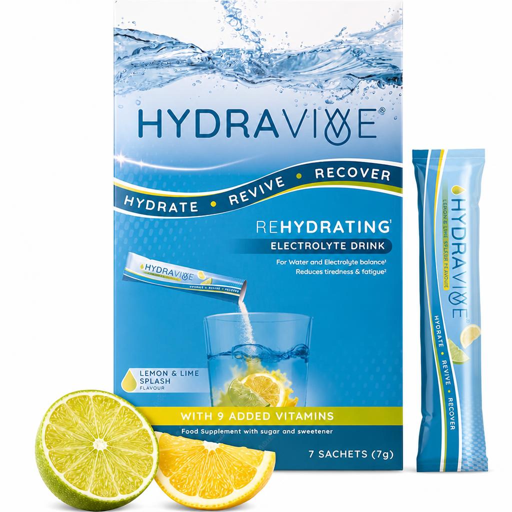 Hydravive Rehydration Electrolytes Powder - High Strength Vitamin C & 8 B Vitamins: B1, B3, B5, B12 Supplement Sachet Drink - 7 Pack Lemon/Lime