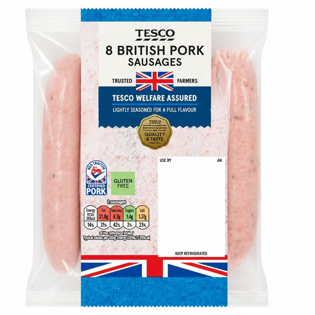 Tesco British Pork Sausages 8 Pack 454G