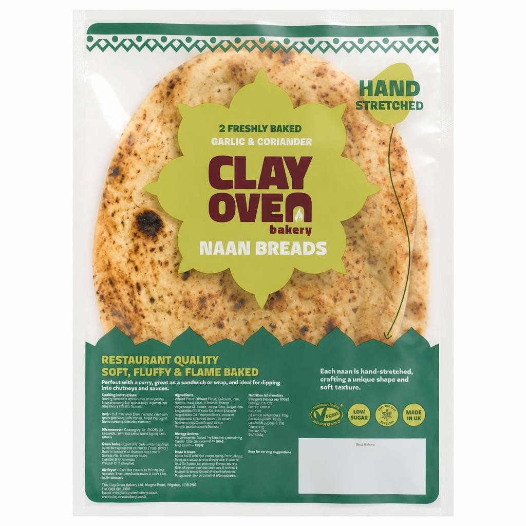 Clay Oven Bakery Hand Stretched Garlic & Coriander Naan Bread 2 Pack 360g