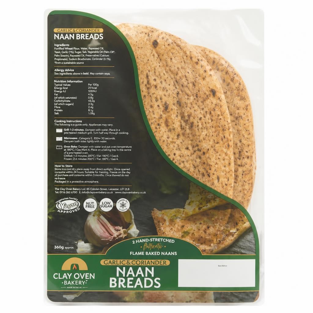 Clay Oven Bakery Hand Stretched Garlic & Coriander Naan Bread 2 Pack 360g