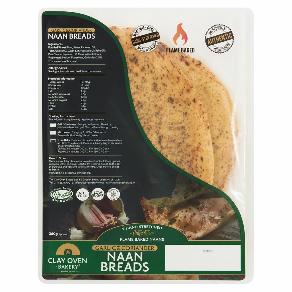 Clay Oven Bakery Hand Stretched Garlic & Coriander Naan Bread 2 Pack 360g