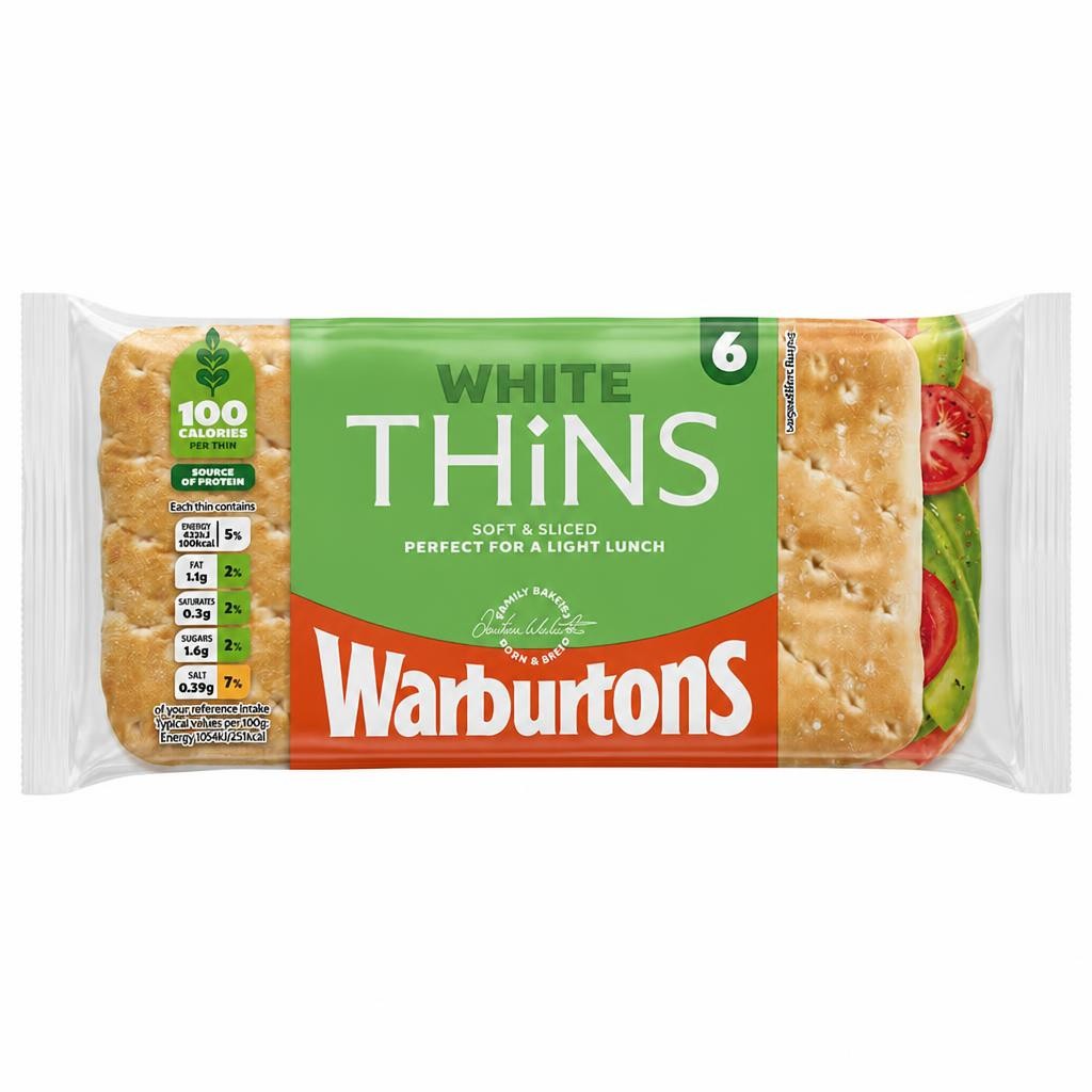 Warburtons White Sandwich Bread Thins 6 Pack