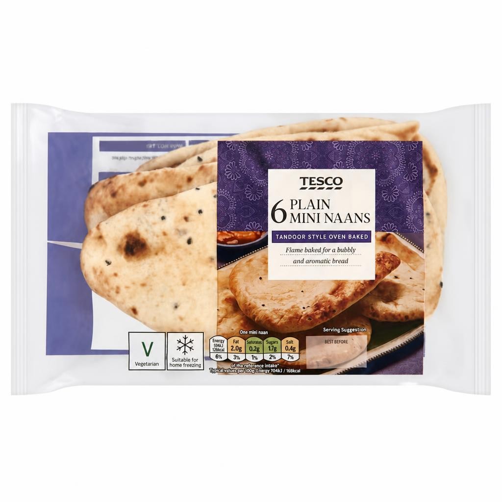 Tesco Mini Plain Naan Breads 6 Pack 282g