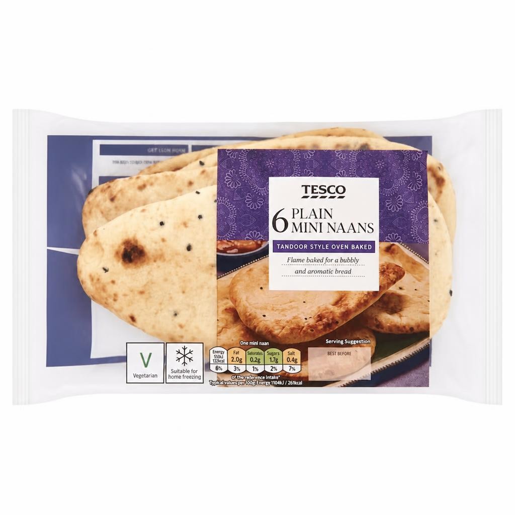 Tesco Mini Plain Naan Breads 6 Pack 282g