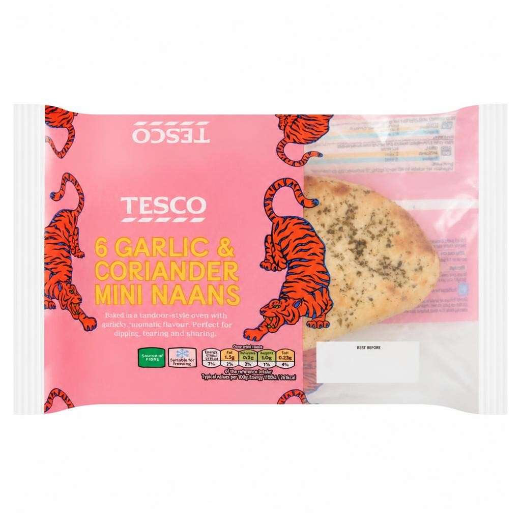 Tesco Mini Garlic & Coriander Naans 6 pack