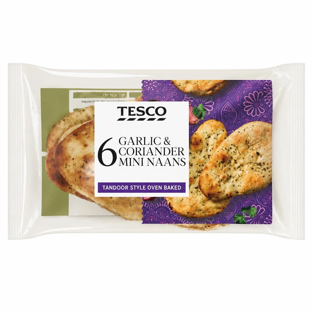 Tesco Mini Garlic & Coriander Naans 6 pack
