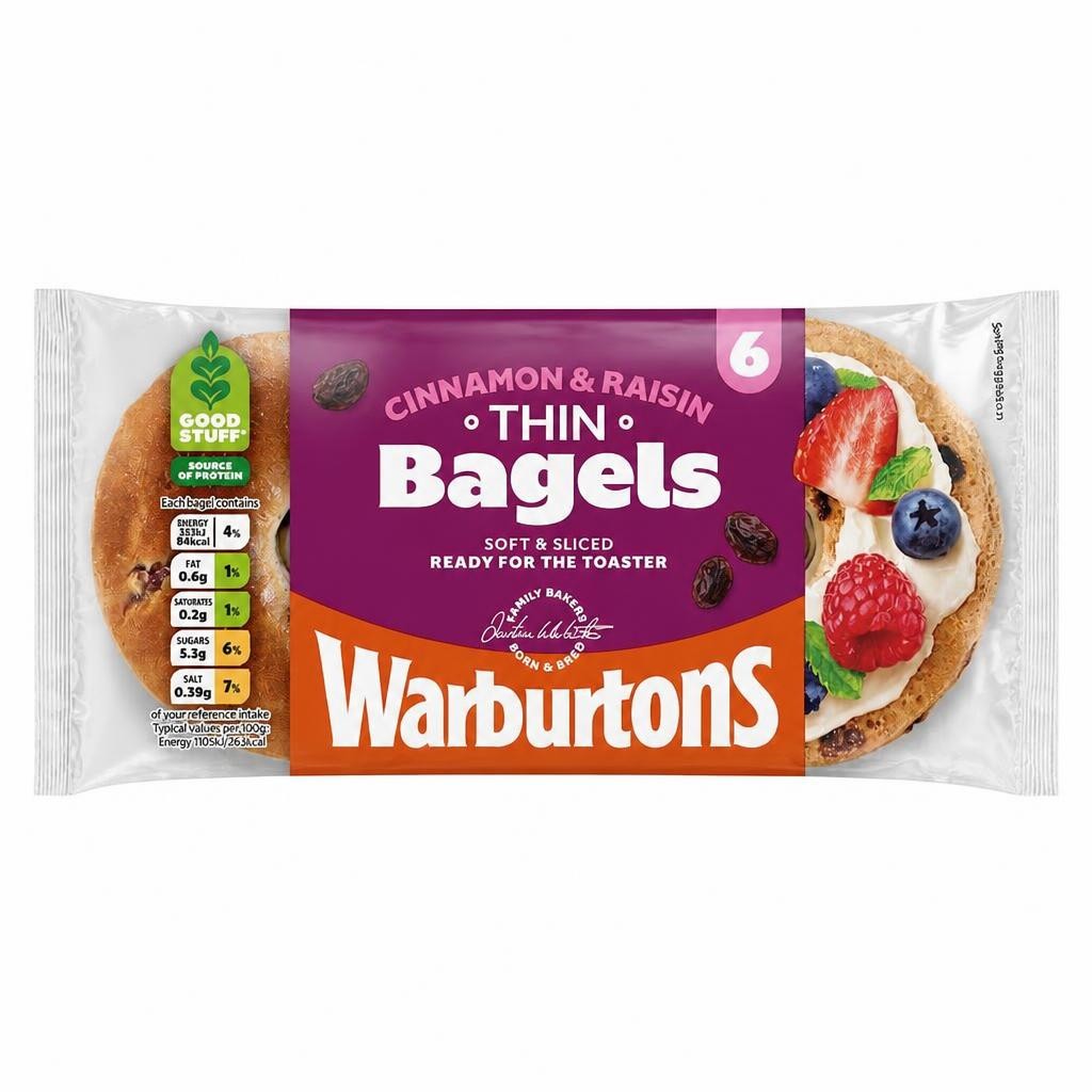 Warburtons Thin Cinnamon & Raisin Bagels 6 Pack
