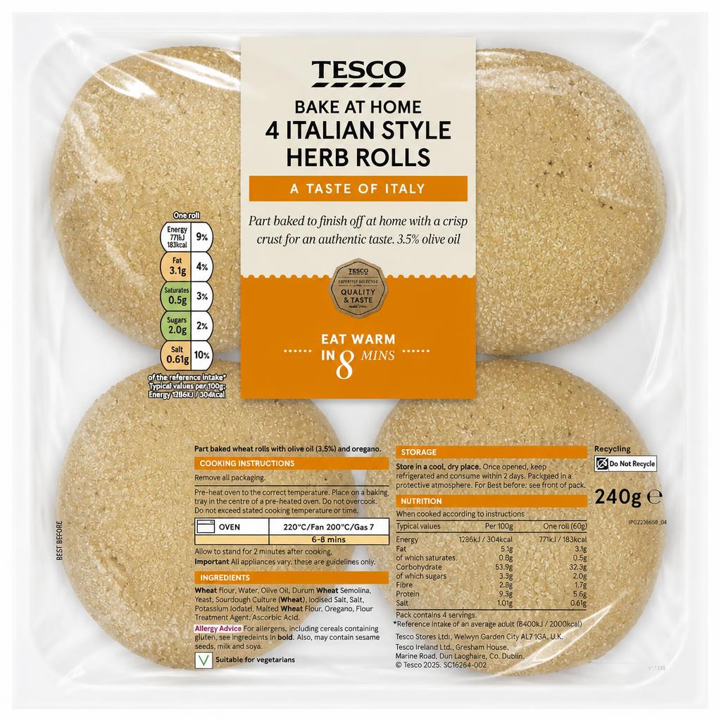 Tesco bake at home Italian style herb rolls 4 Pack