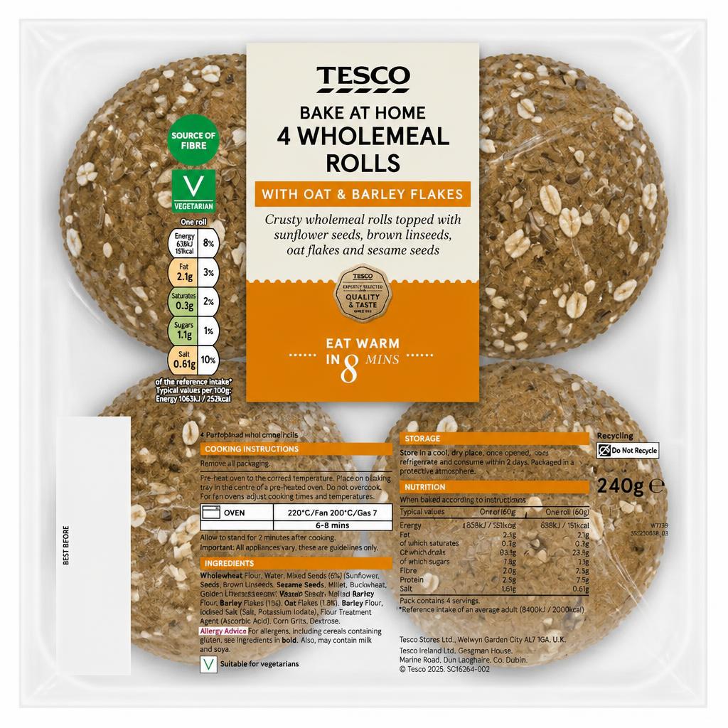 Tesco Bake at Home Wholemeal rolls 240g