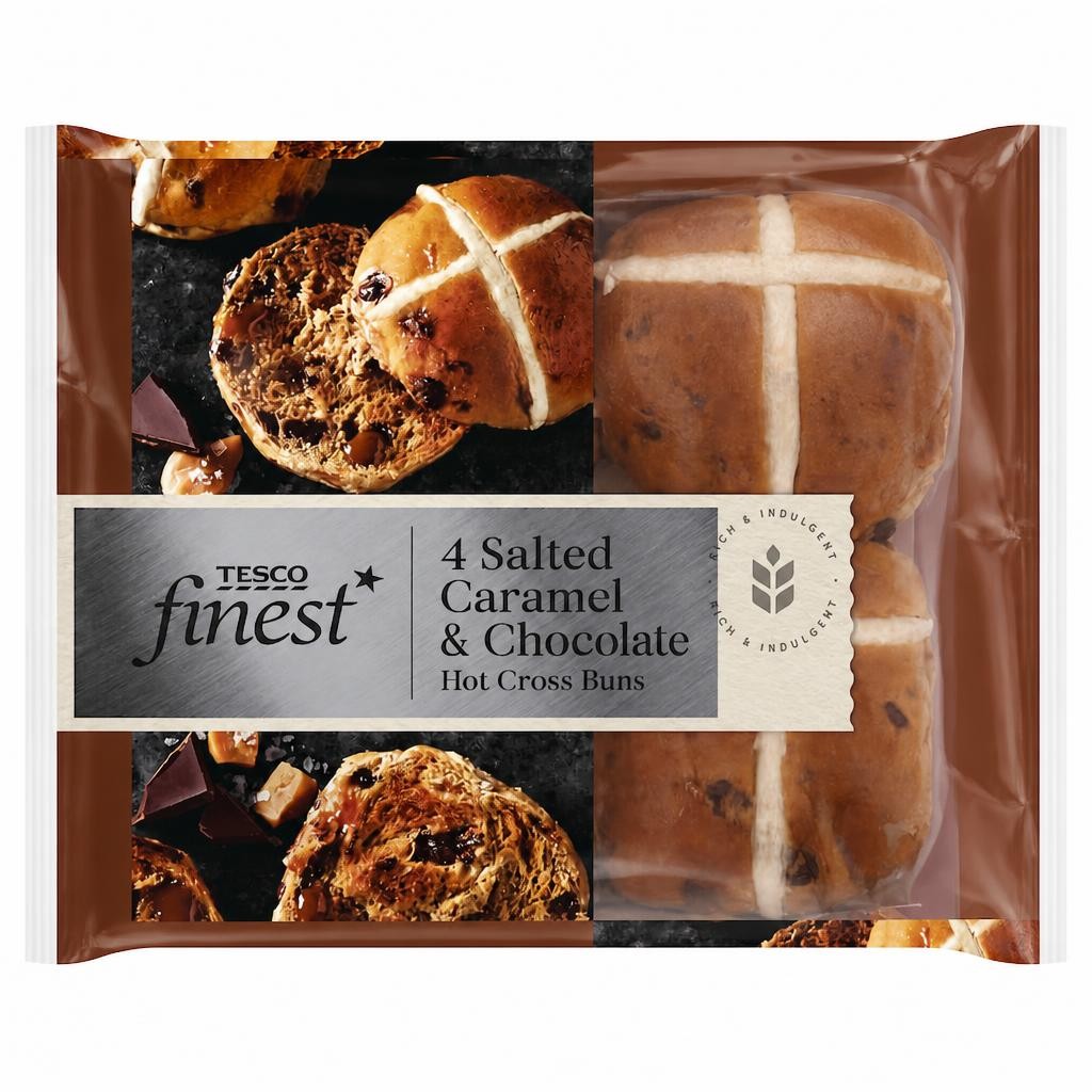 Tesco Finest Salted Caramel & Belgian Chocolate Hot Cross Buns 4 Pack
