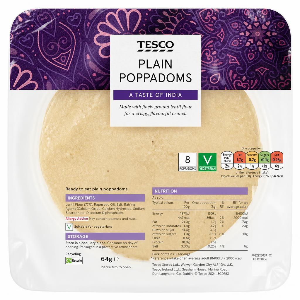 Tesco Plain Poppadoms 8 Pack 64G