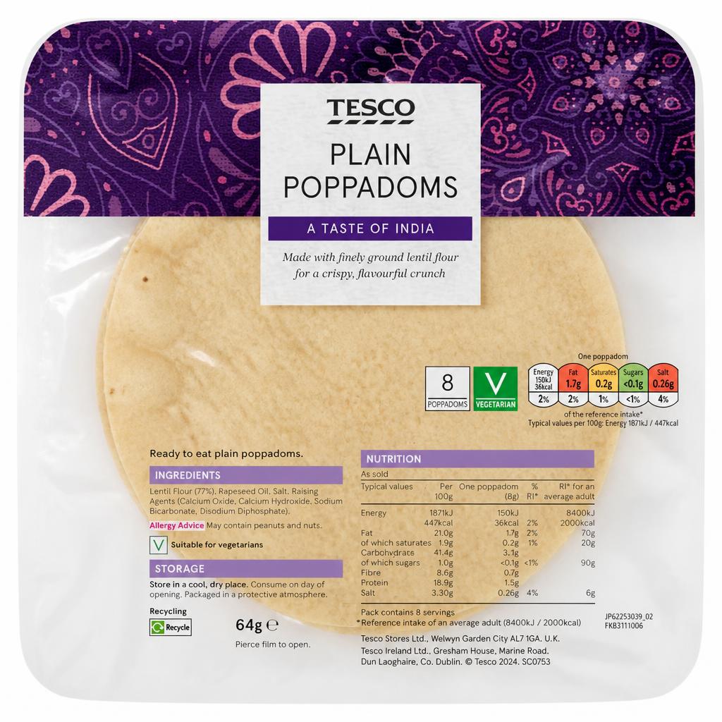 Tesco Plain Poppadoms 8 Pack 64G