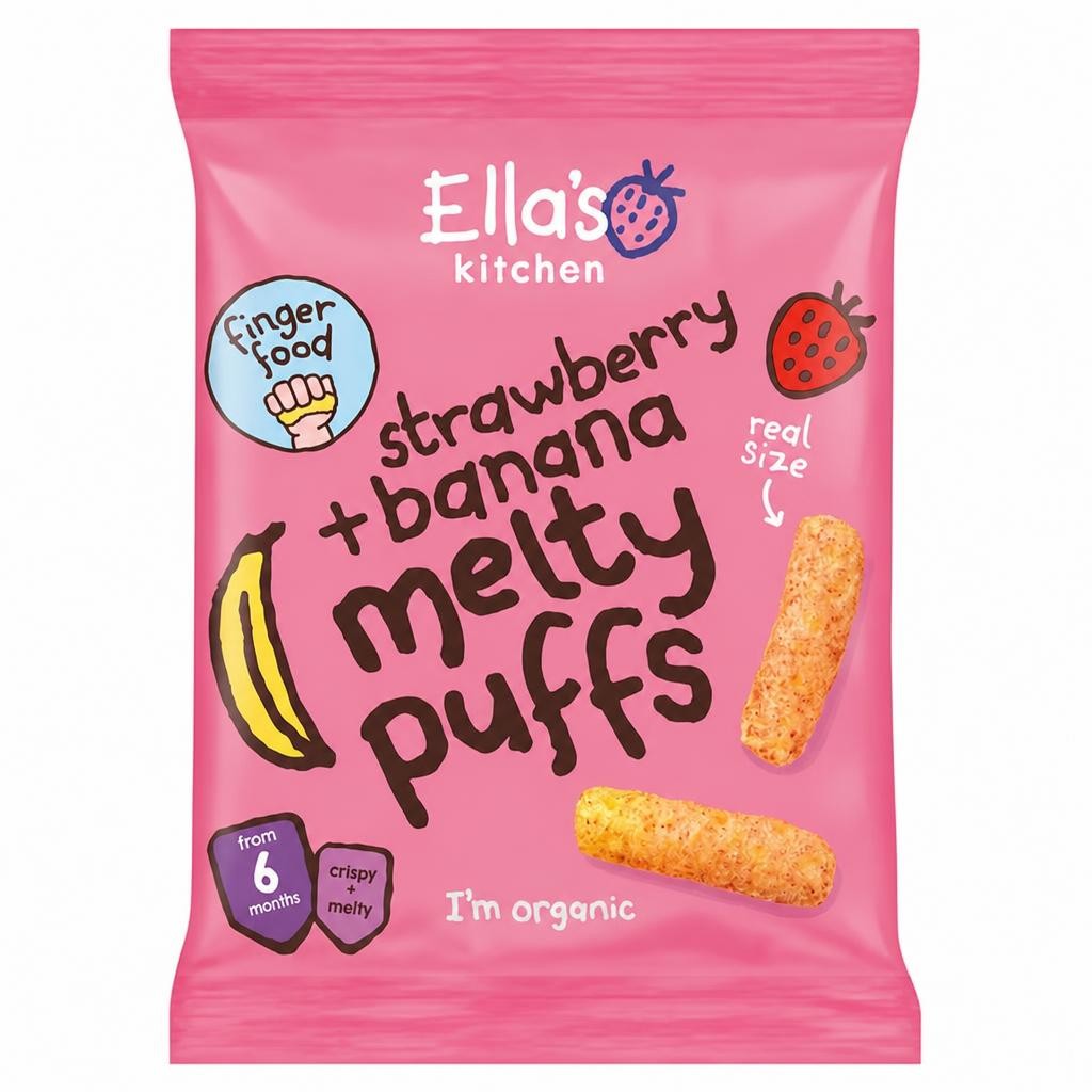 Ella's Kitchen Organic Strawberry + Banana Melty Puffs Baby Snack 6m+ 20g