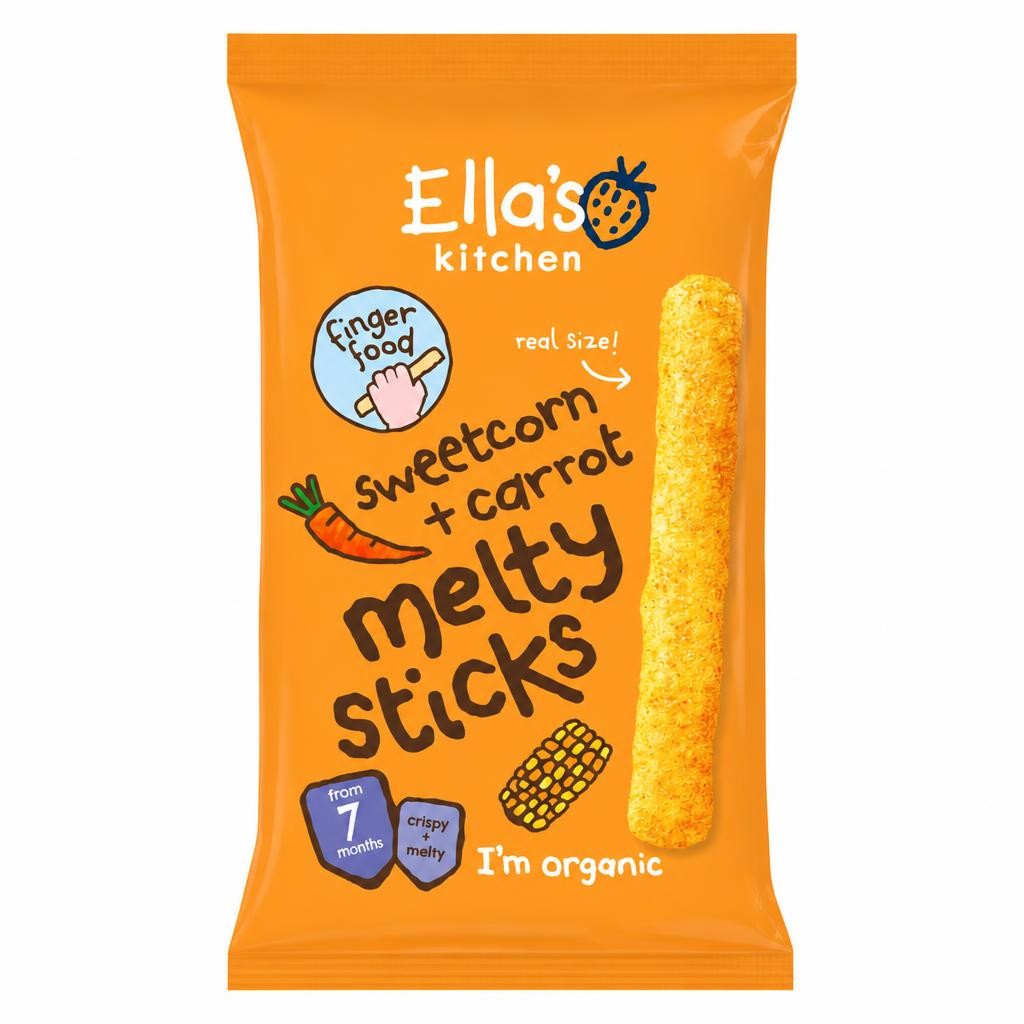 Ella's Kitchen Organic Sweetcorn + Carrot Melty Sticks Baby Snack 7m+ 16g