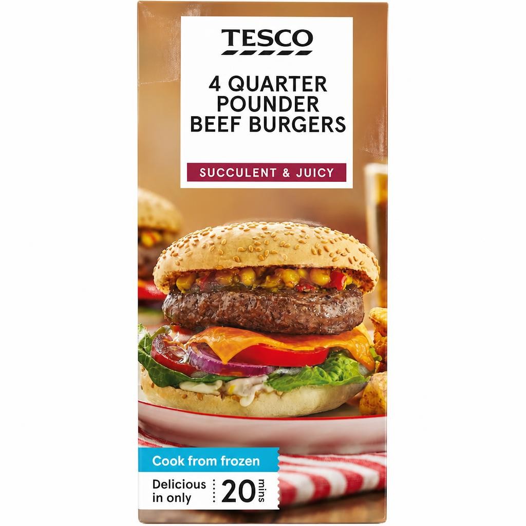 Tesco 4 Beef Quarter Pounders 454G